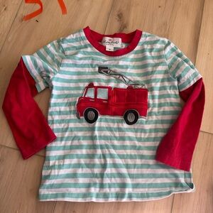 Marie Nicole Striped Embroidered Fire Truck Long Sleeve Tee
